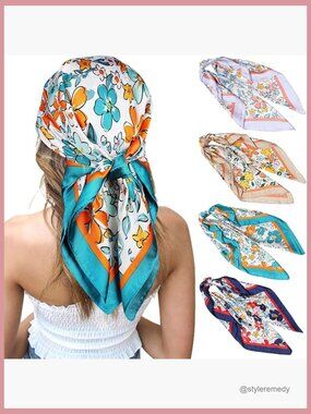 4 Pack Silk Feeling Square Head Scarves - Satin Hair Bandanas for Women 27
